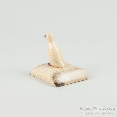 Carved Walrus Ivory Sitting Bird on Fossilized Ivory Mount
