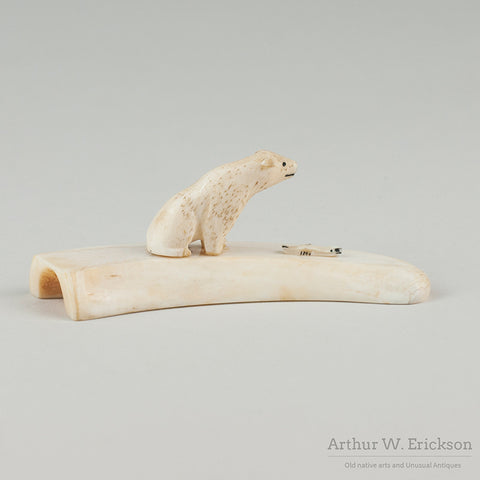 Inuit ivory Carving of a Sitting Bear Before Tiny Seal on Ivory Base