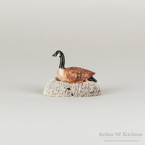 Carved Walrus Ivory Canadian Goose on Nest