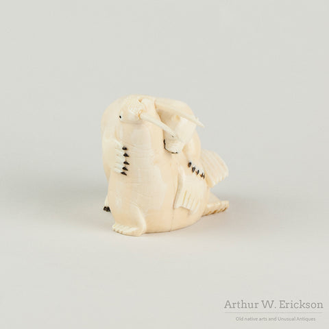 Inuit Walrus Ivory Carving of a Polar Bear Attacking a Walrus