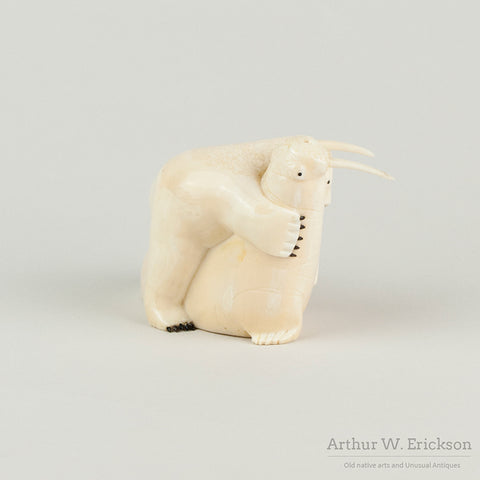 Inuit Walrus Ivory Carving of a Polar Bear Attacking a Walrus