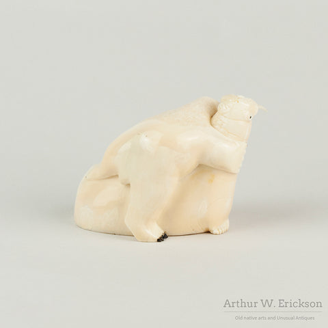 Inuit Walrus Ivory Carving of a Polar Bear Attacking a Walrus