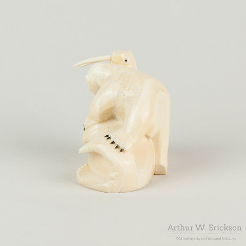 Inuit Walrus Ivory Carving of a Polar Bear Attacking a Walrus