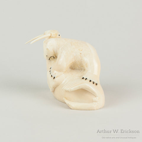 Inuit Walrus Ivory Carving of a Polar Bear Attacking a Walrus