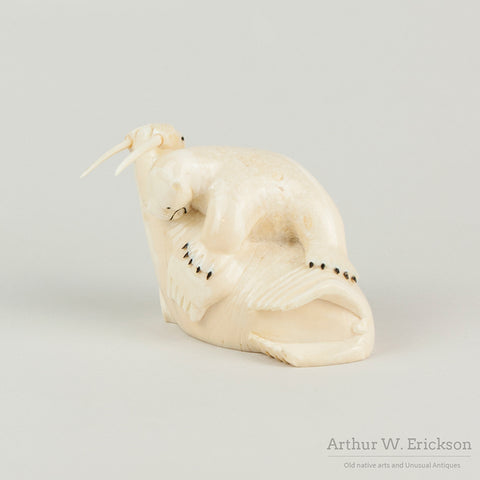 Inuit Walrus Ivory Carving of a Polar Bear Attacking a Walrus