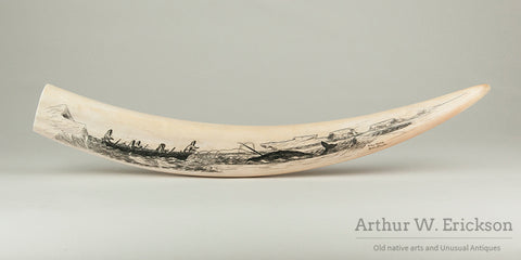 Inuit Scrimshawed Walrus Tusk by Wilbur Walluk (1928-1968)