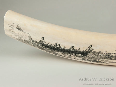 Inuit Scrimshawed Walrus Tusk by Wilbur Walluk (1928-1968)