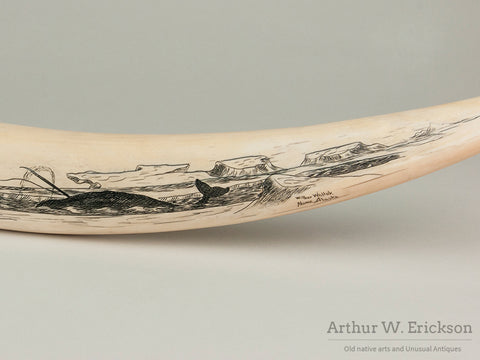 Inuit Scrimshawed Walrus Tusk by Wilbur Walluk (1928-1968)