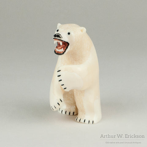 Inuit Carved Fierce Ivory Standing Bear by Joe Kunuluk