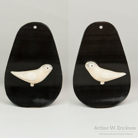 Pair of Inuit Carved Ivory Owls on Baleen Hanging Backings