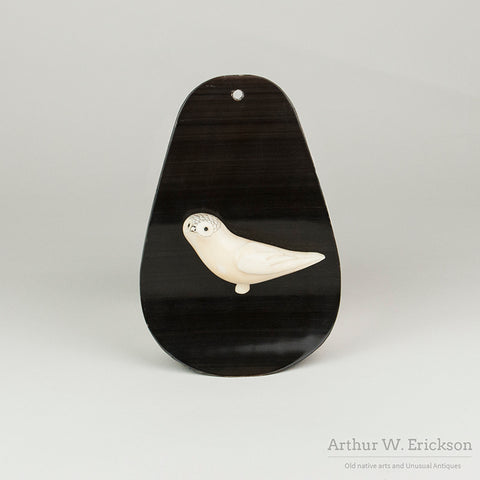 Pair of Inuit Carved Ivory Owls on Baleen Hanging Backings