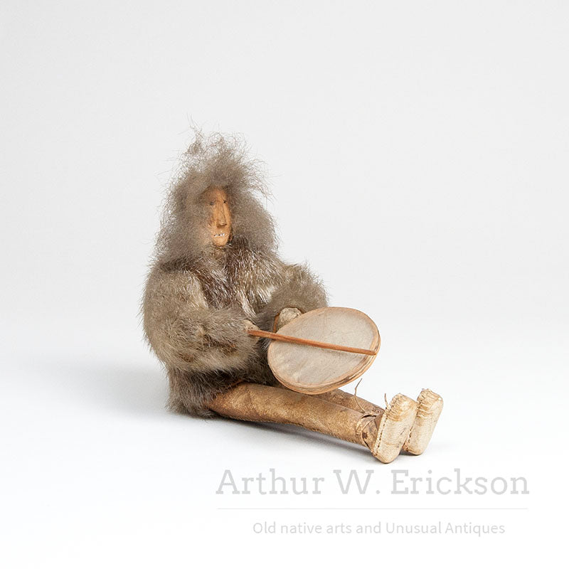 Inuit Figure of a Sitting Drummer with Carved Wood Head