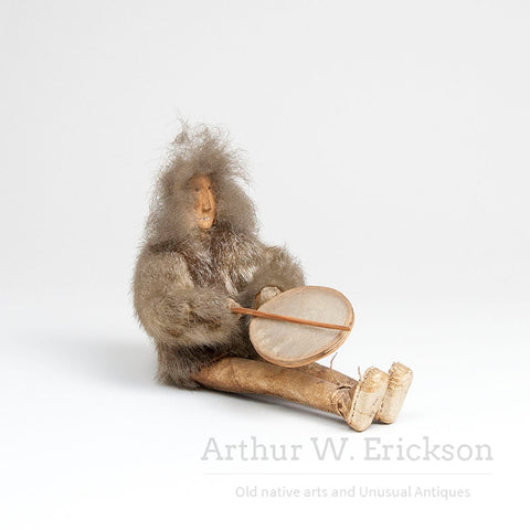 Inuit Figure of a Sitting Drummer with Carved Wood Head