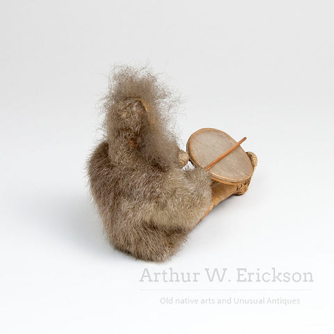 Inuit Figure of a Sitting Drummer with Carved Wood Head