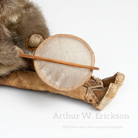 Inuit Figure of a Sitting Drummer with Carved Wood Head