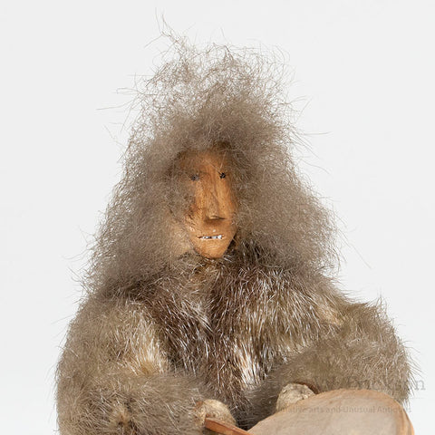 Inuit Figure of a Sitting Drummer with Carved Wood Head