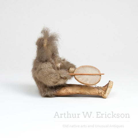Inuit Figure of a Sitting Drummer with Carved Wood Head