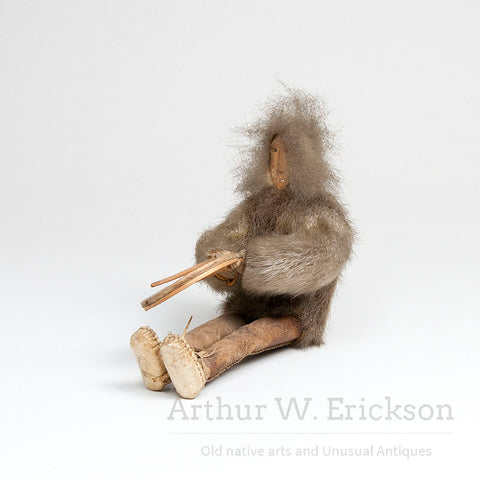 Inuit Figure of a Sitting Drummer with Carved Wood Head