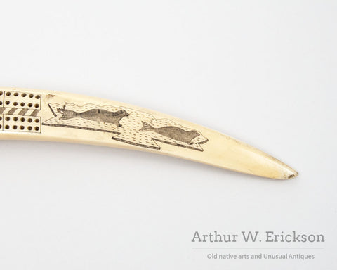Inuit Carved walrus Ivory Cribbage Board