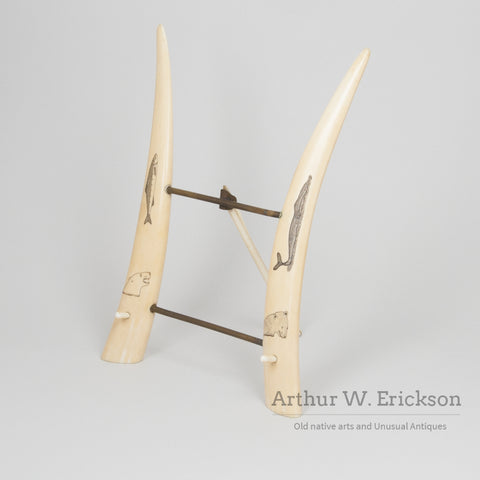 Scrimshawed Walrus Ivory Tusk Easel
