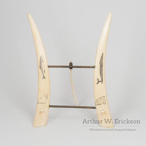 Scrimshawed Walrus Ivory Tusk Easel