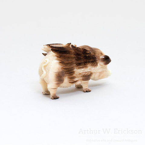 Fossilized Walrus Ivory Carved Pig with Wings
