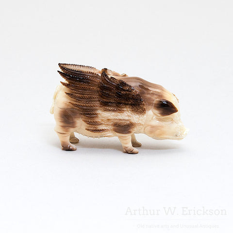 Fossilized Walrus Ivory Carved Pig with Wings