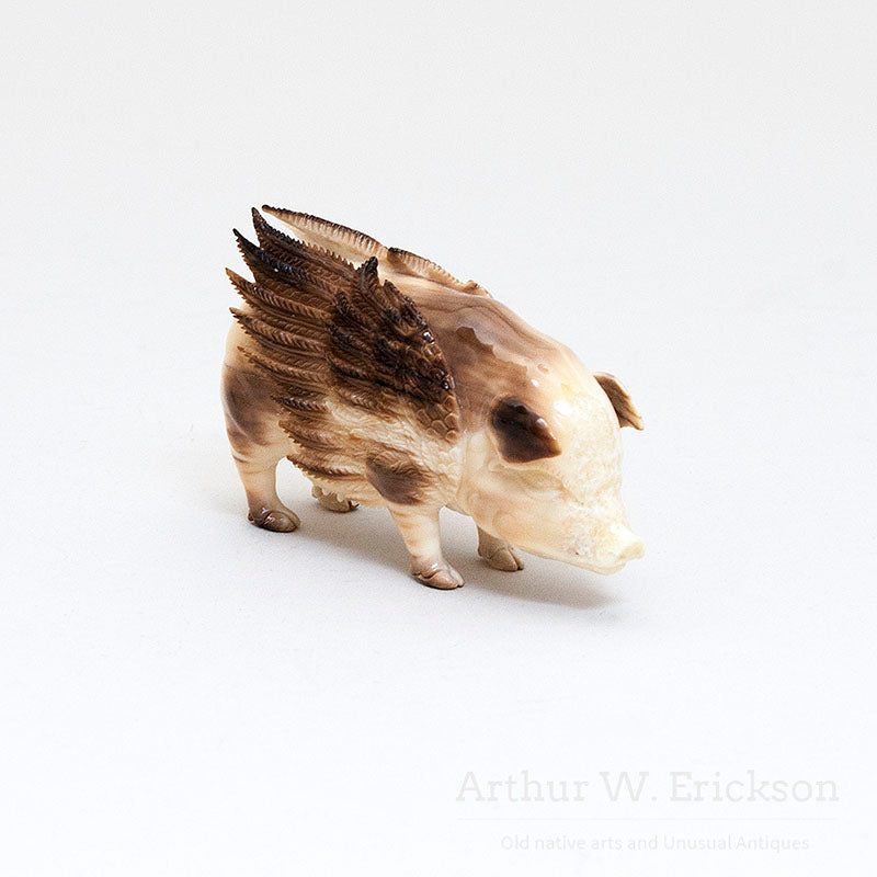 Fossilized Walrus Ivory Carved Pig with Wings