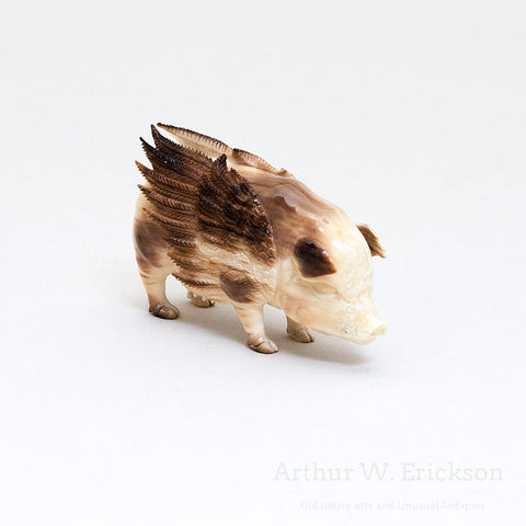 Fossilized Walrus Ivory Carved Pig with Wings