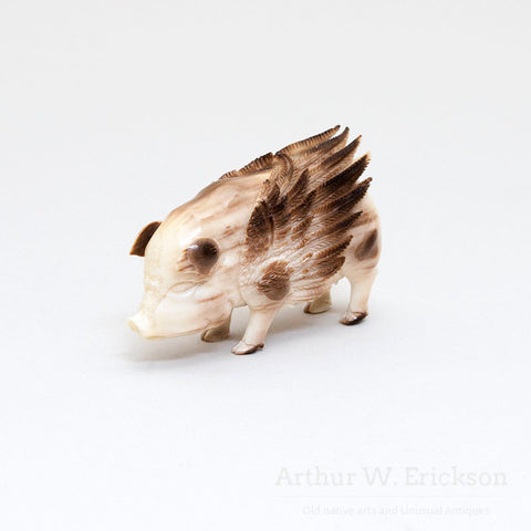 Fossilized Walrus Ivory Carved Pig with Wings