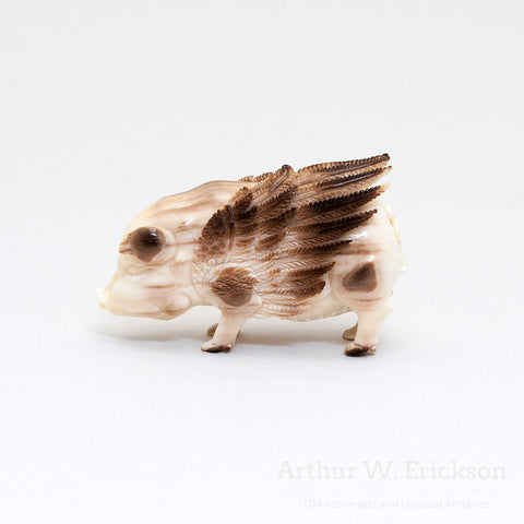 Fossilized Walrus Ivory Carved Pig with Wings