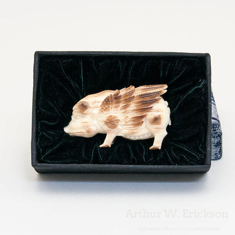 Fossilized Walrus Ivory Carved Pig with Wings