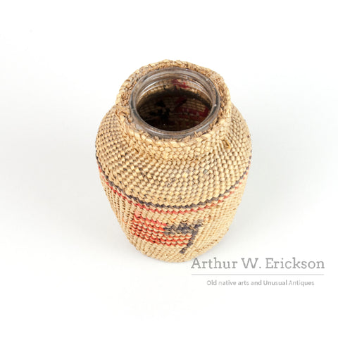 Makah Basketry Covered Small Jar With American Flags
