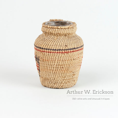 Makah Basketry Covered Small Jar With American Flags