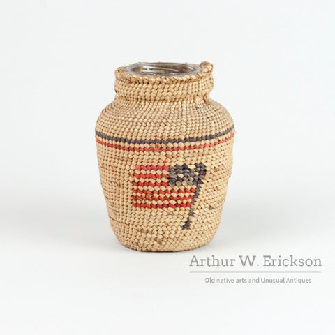Makah Basketry Covered Small Jar With American Flags