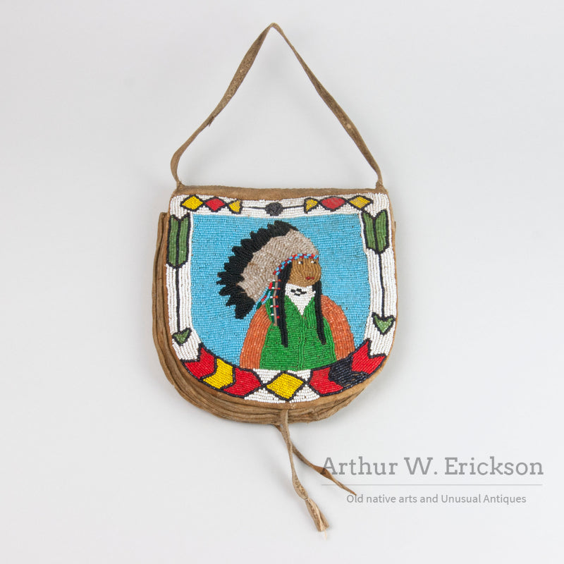 Plateau Double Sided Beaded Bag with Indian in Feather Headdress