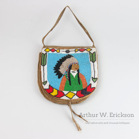 Plateau Double Sided Beaded Bag with Indian in Feather Headdress