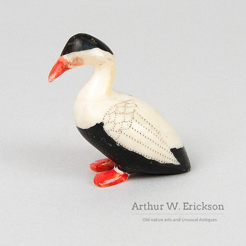 Inuit carved & Scrimshawed Walrus Ivory Duck