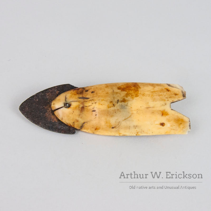 Inuit 19th C. Large Ivory Harpoon Point With an Iron Blade