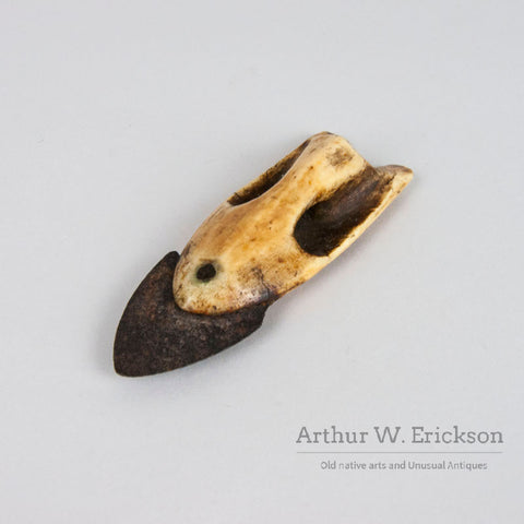 Inuit 19th C. Large Ivory Harpoon Point With an Iron Blade