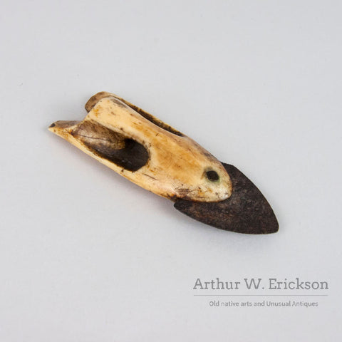 Inuit 19th C. Large Ivory Harpoon Point With an Iron Blade