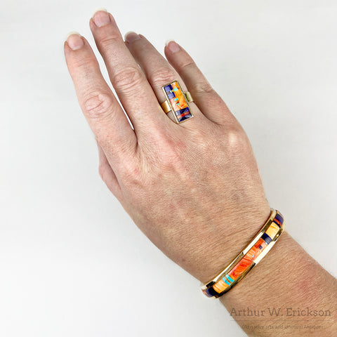 Fine Mosaic Inlay and Gold Ring and Cuff Set by Alan Wallace