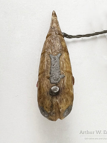 Unusual Inuit Bone Fishing Lure with Circle & Dot Motif & Lead Inlays