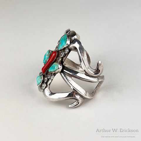 Sandcast Silver Cuff Bracelet with Coral and Turquoise