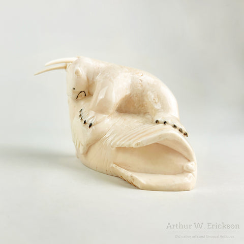 Inuit Walrus Ivory Carving of a Polar Bear Attacking a Walrus