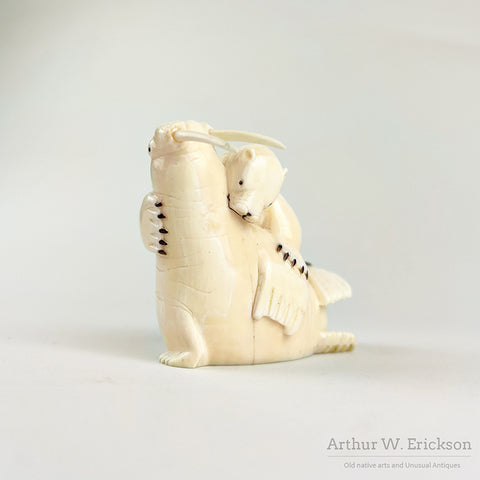 Inuit Walrus Ivory Carving of a Polar Bear Attacking a Walrus