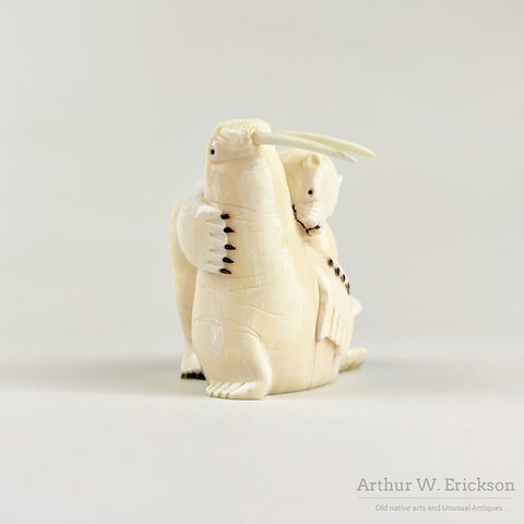 Inuit Walrus Ivory Carving of a Polar Bear Attacking a Walrus