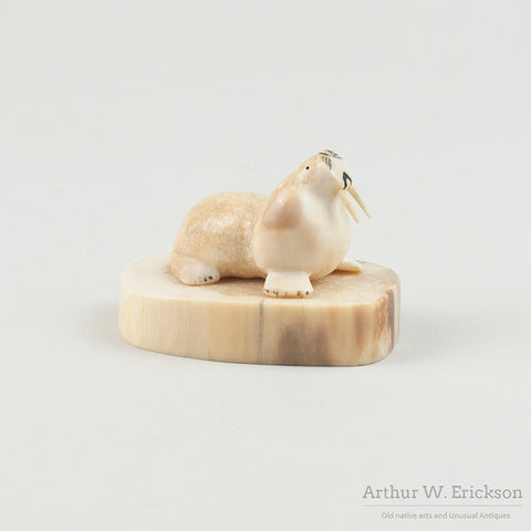 Inuit Carved Ivory Walrus on an Ivory Mount