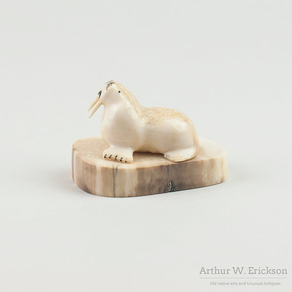 Inuit Carved Ivory Walrus on an Ivory Mount