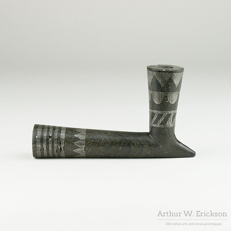 Mid 19th Century Black Steatite Pipe With Pewter Inlay
